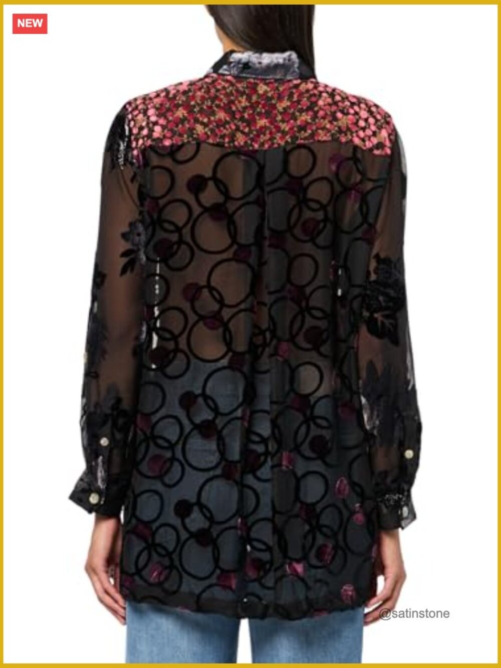 Burnout Velvet Button Front Tunic with Roll Tab Sleeves - Picture 2 of 3